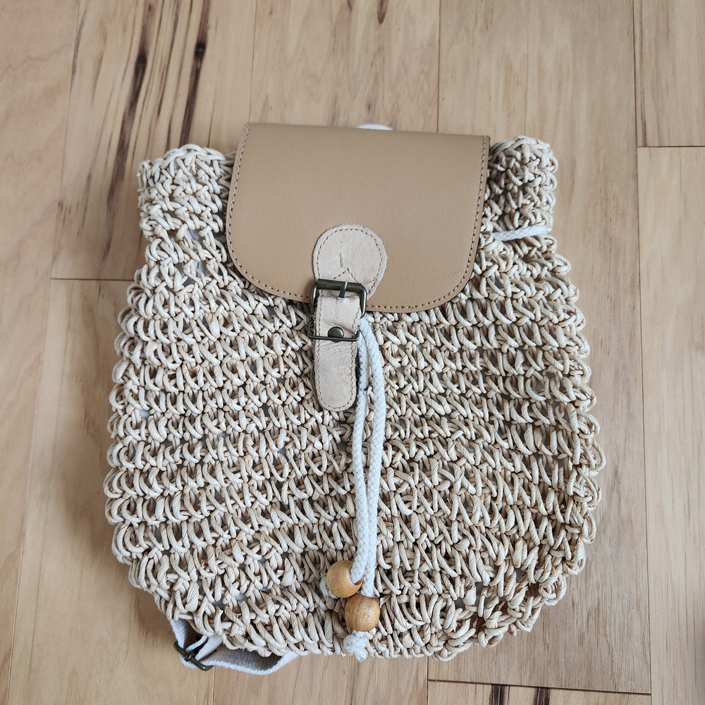 Tan and Cream Woven Straw Backpack